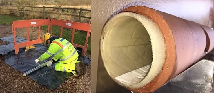 Patch liner installation and a cutaway showing the structural repair inside a damaged pipe