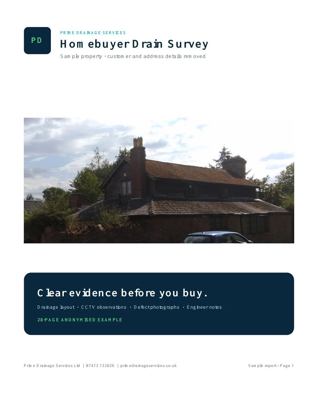 Anonymised Prime Drainage homebuyer survey report cover with property photograph