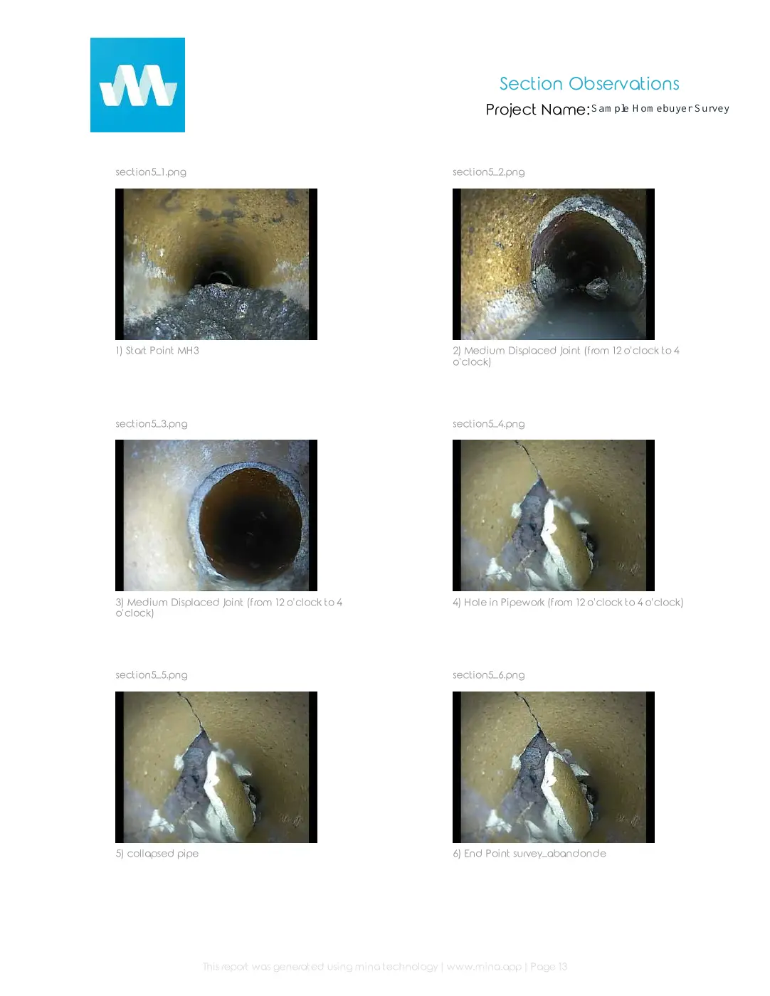 Pipe condition photographs shown in the sample homebuyer drain survey