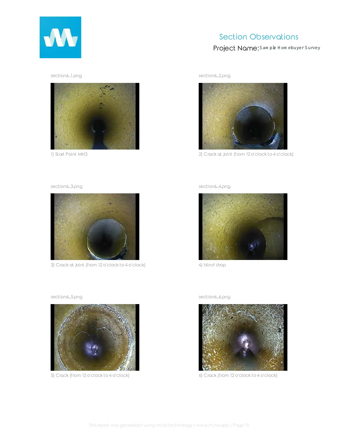 Defects photographed and recorded shown in the sample homebuyer drain survey