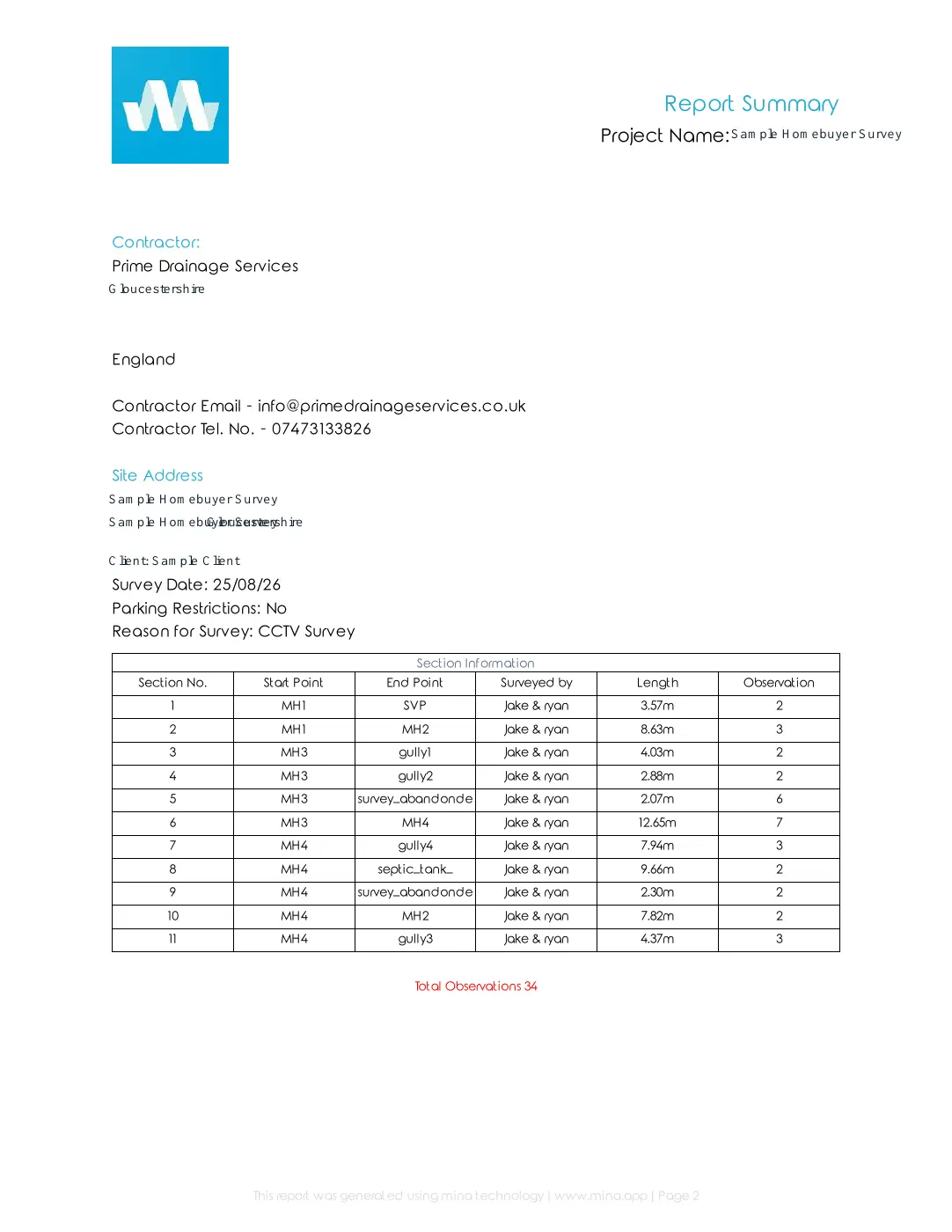 Report summary and surveyed sections shown in the sample homebuyer drain survey